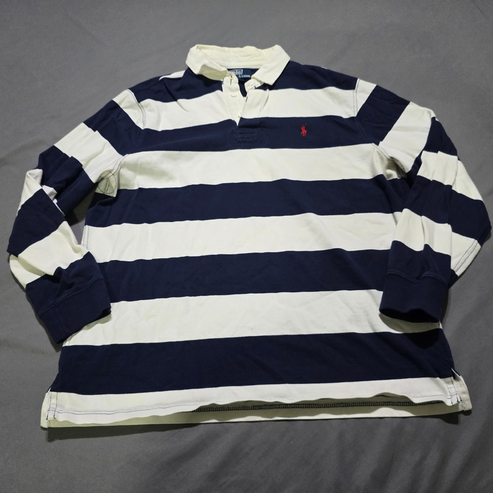 vintage Polo Ralph Lauren Rugby Shirt Mens Large Blue White Striped Long Sleeve